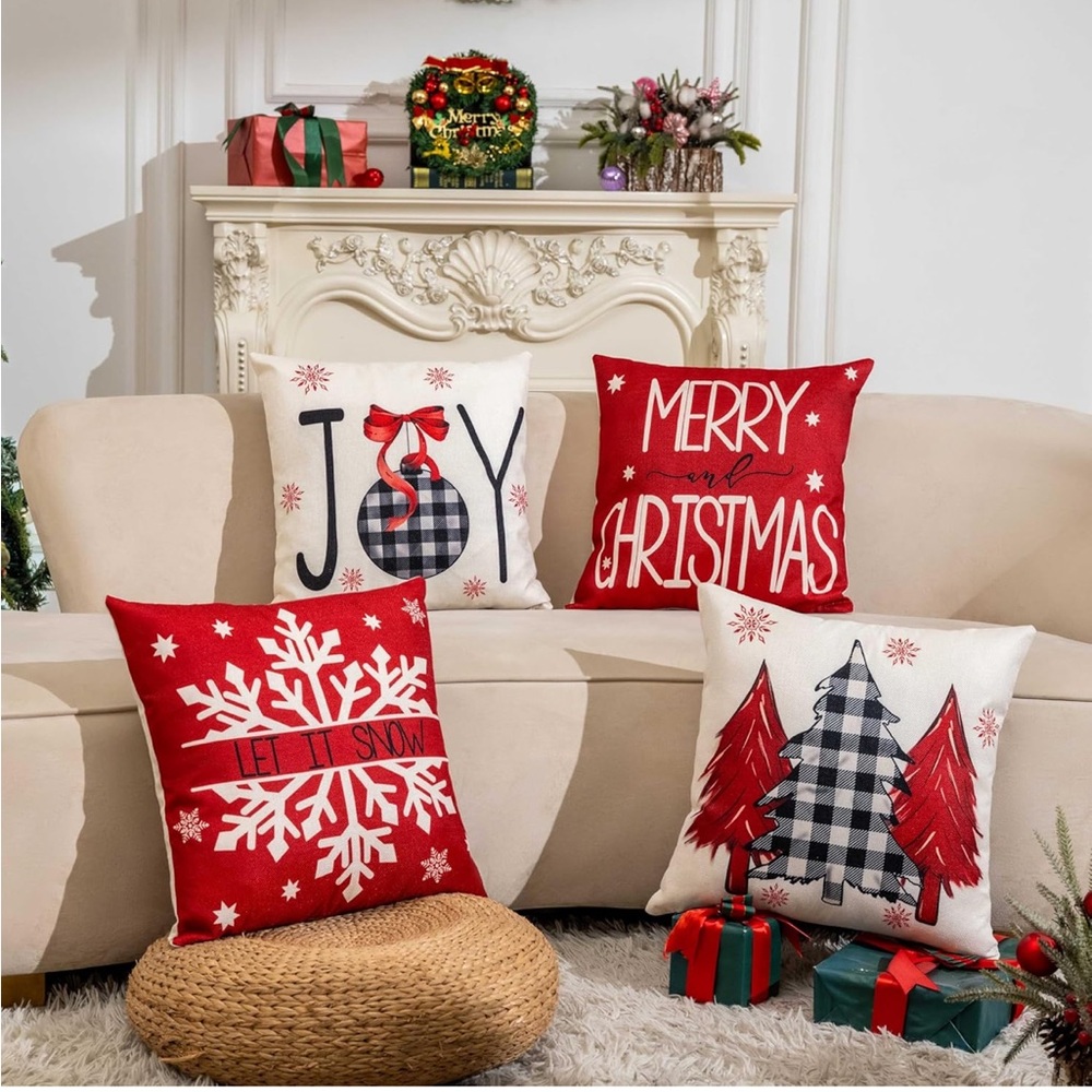 🎄NEW Set of 4 Pillow Covers Holiday Christmas “Joy to the World“ Xmas 18 x 18”